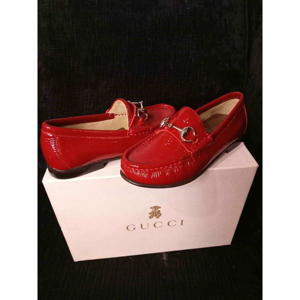 Gucci Kids Red Patent Leather Horsebit Loafers Shoes EU 28 338745
